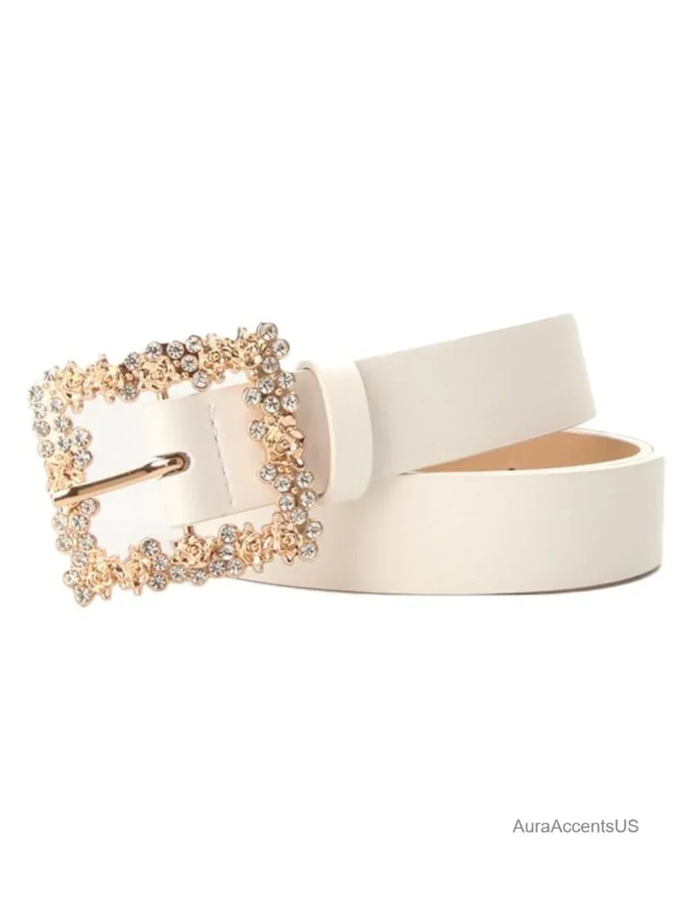 Rhinestone and Gold Rose Square Buckle Faux Leather Belt